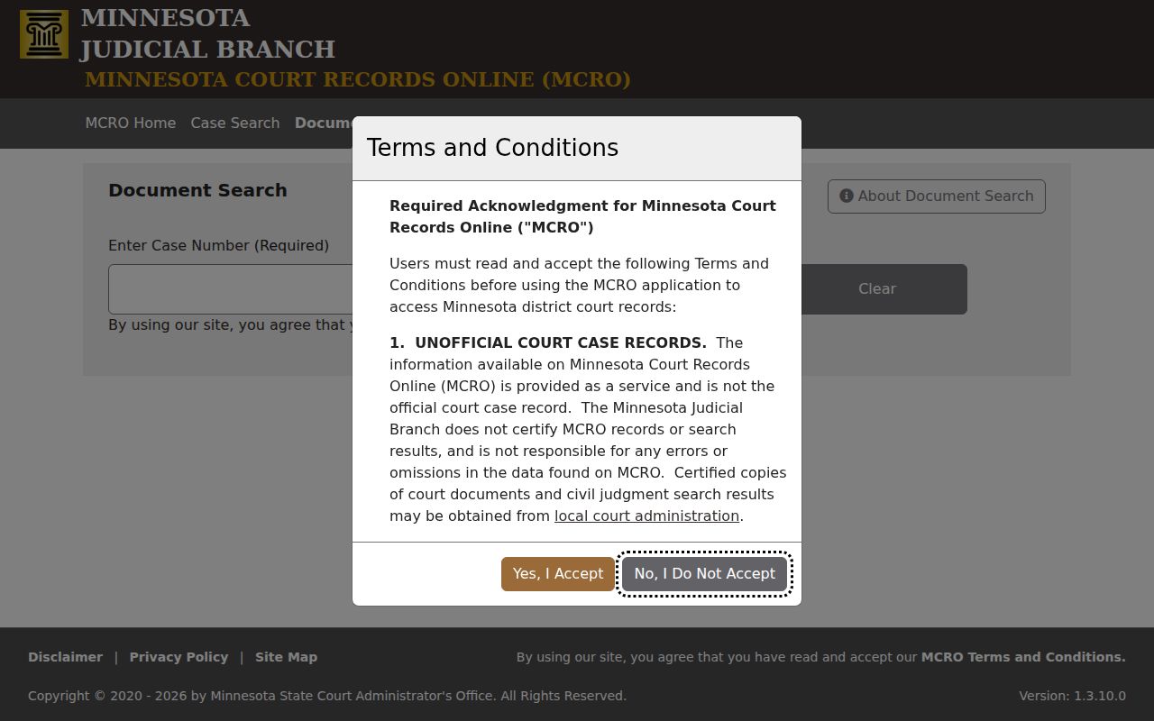 Cottonwood County case lookup document search requiring a court case number