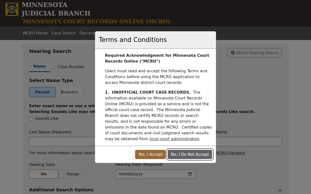 Cottonwood County case lookup hearing search options in MCRO
