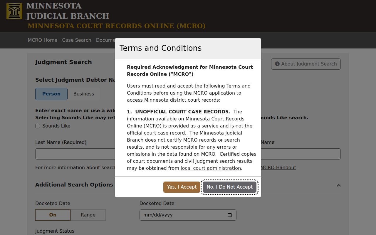 Cottonwood County case lookup judgment search fields in MCRO