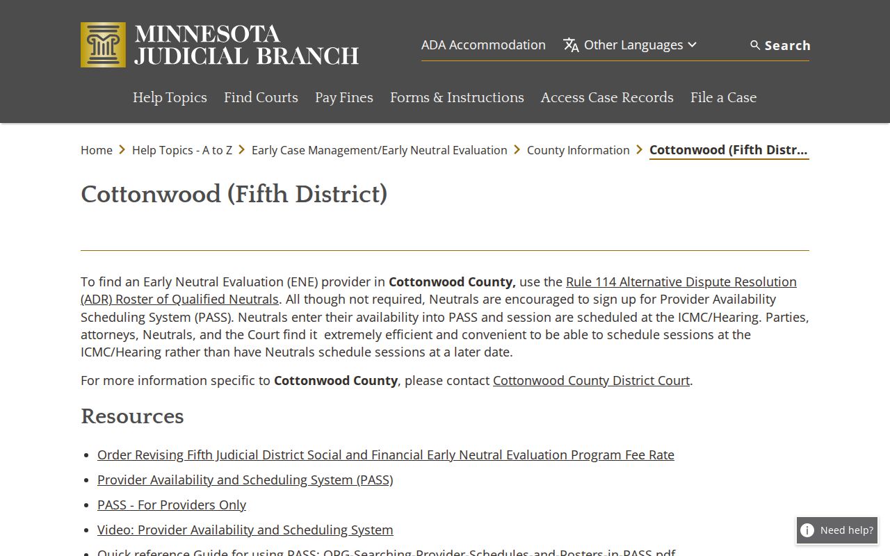 Cottonwood Fifth Judicial District early case management and neutral evaluation information