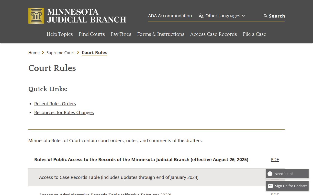Minnesota Judicial Branch court rules information for public access to court records