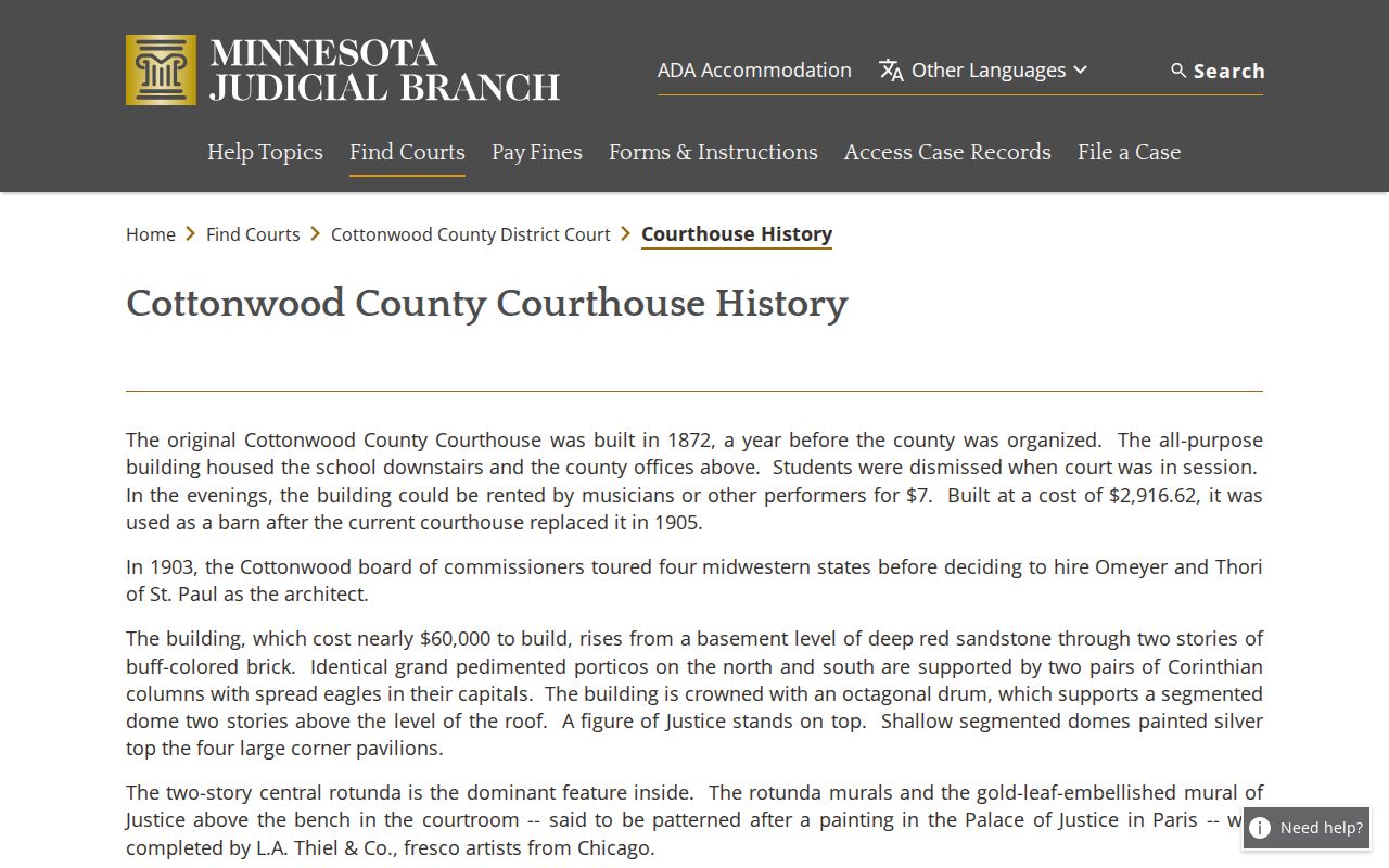 Cottonwood County court docket courthouse history and records access
