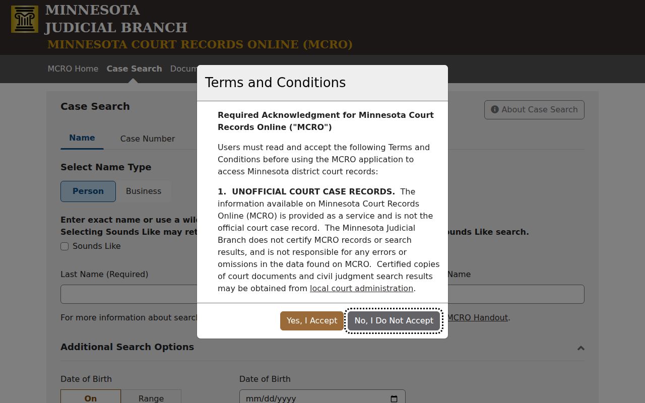 Minnesota Court Records Online criminal case search interface