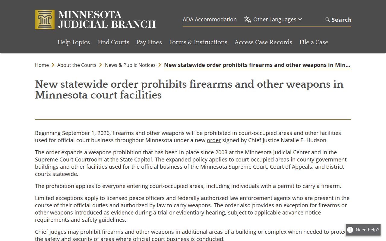 Mountain Lake court docket access and Minnesota court-facility weapons order