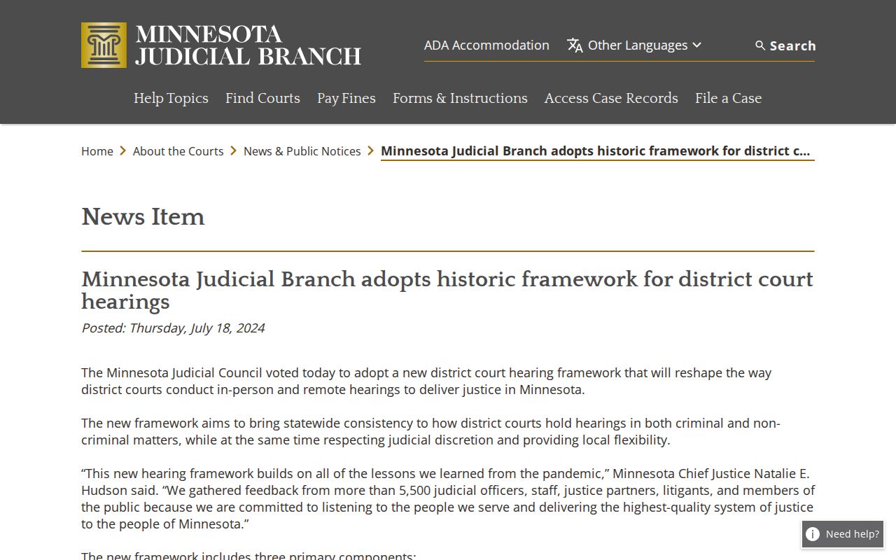 Westbrook court docket hearing framework for Minnesota district courts